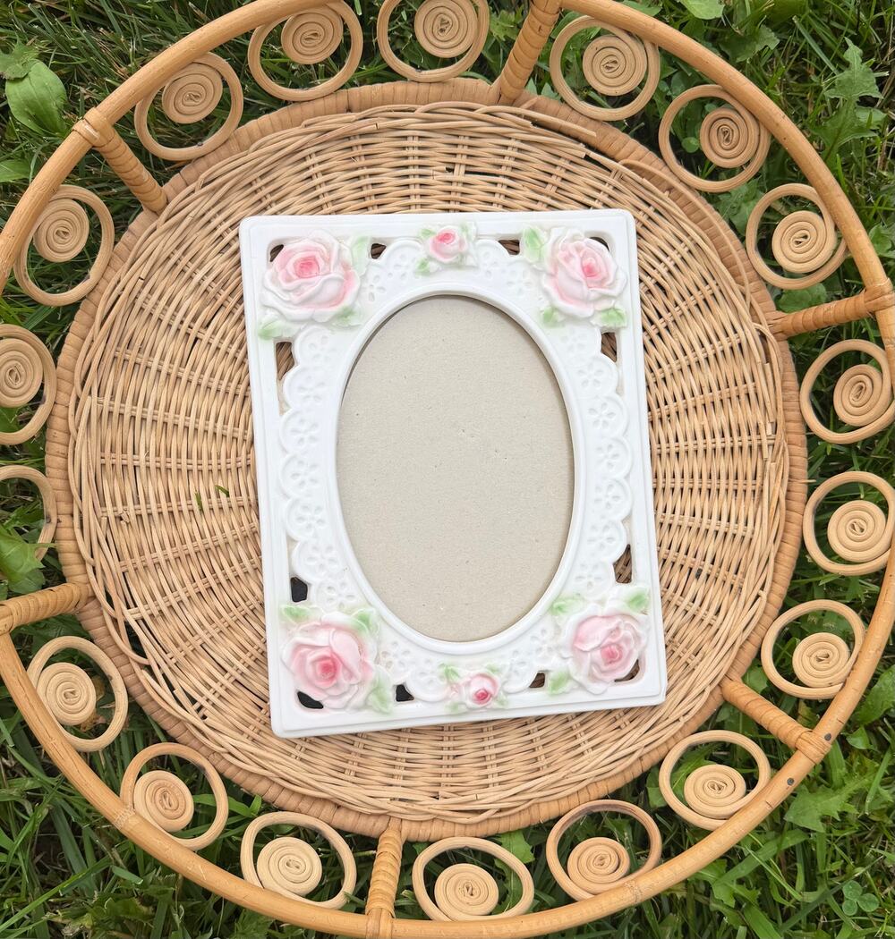 Vintage Elsa Porcelain Pink Rose Picture Frame Cottagecore Shabby Chic Floral
